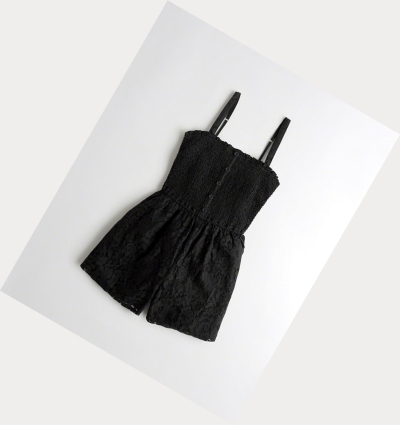 Black Hollister Button-Front Smocked Women's Rompers | ZA-KDRF810