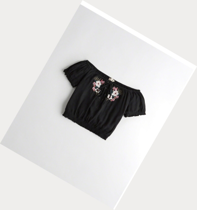 Black Hollister Embroidered Off-The-Shoulder Crop Women's Short Sleeve | ZA-FCMO471