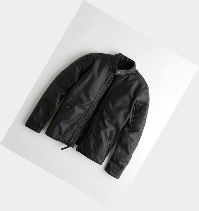 Black Hollister Faux Leather Moto Men's Jackets | ZA-UTWL148