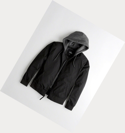 Black Hollister Hooded Men's Bomber Jackets | ZA-FXQV570