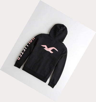 Black Hollister Print Logo Men's Hoodie | ZA-FGKV315