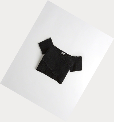 Black Hollister Smocked Wrap Off-The-Shoulder Crop Women's Short Sleeve | ZA-ZTJR827