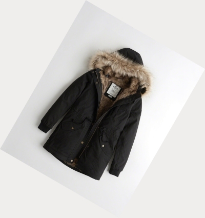 Black Hollister Stretch Faux-Fur-Lined Women's Parka Jackets | ZA-NOJG097