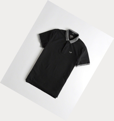 Black Hollister Stretch Shrunken Collar Men's Polo Shirts | ZA-OUTR294