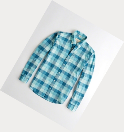 Blue Hollister Stretch Check Poplin Men's Long Sleeve | ZA-YZUS197