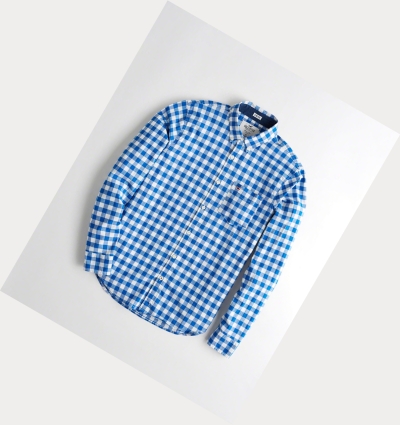 Blue Hollister Stretch Plaid Poplin Men's Long Sleeve | ZA-KAJT795