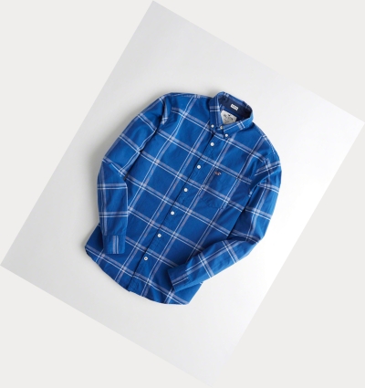 Blue Hollister Stretch Plaid Poplin Men's Long Sleeve | ZA-ZHWQ386