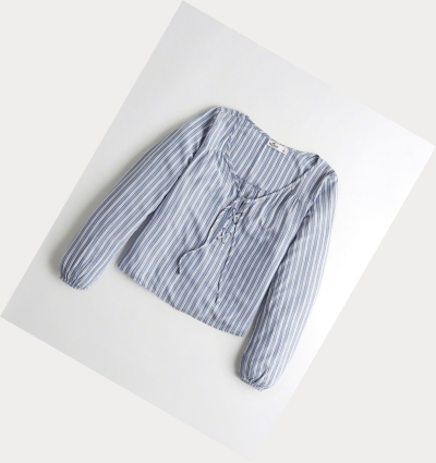 Blue Stripes Hollister Lace-Up Peasant Women's Long Sleeve | ZA-APCE379