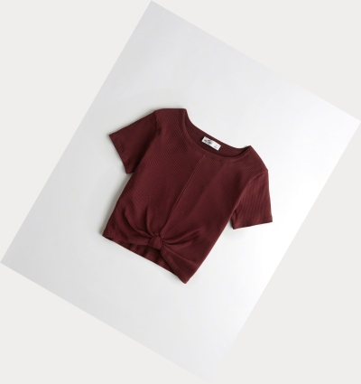 Burgundy Hollister Knot-Front Crop Women's Short Sleeve | ZA-TPHE873