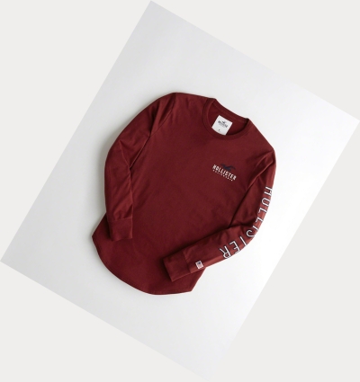 Burgundy Hollister Logo Men's Long Sleeve | ZA-MQGB061