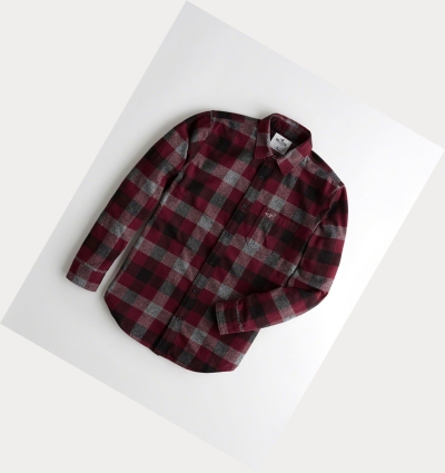 Burgundy Hollister Plaid Flannel Men's Long Sleeve | ZA-WNAQ539