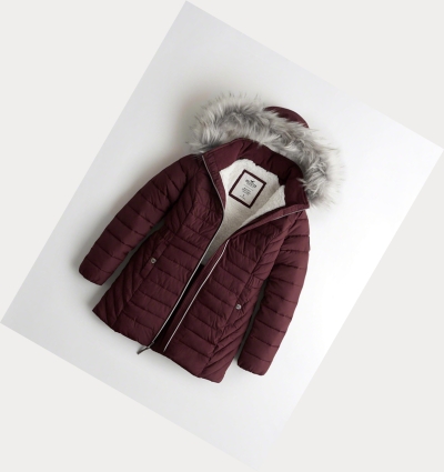 Burgundy Hollister Sherpa-Lined Puffer Women's Parka Jackets | ZA-MBQC349