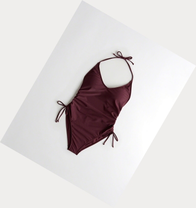 Burgundy Hollister Side-Tie Halter One-Piece Women's Swimwear | ZA-RAWK614