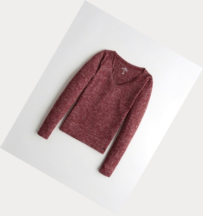 Burgundy Hollister Slim V-Neck Women's Long Sleeve | ZA-TPXJ671