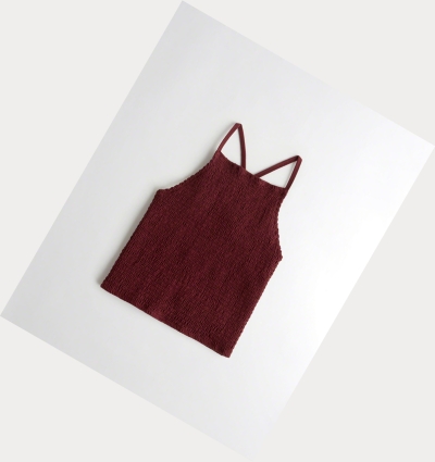 Burgundy Hollister Smocked High-Neck Women's Tanks | ZA-GIYJ250