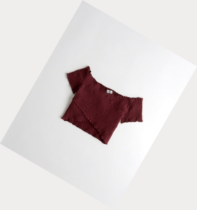 Burgundy Hollister Smocked Wrap Off-The-Shoulder Crop Women's Short Sleeve | ZA-DIQK632