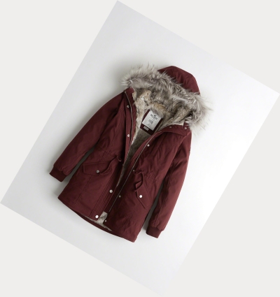 Burgundy Hollister Stretch Faux-Fur-Lined Women's Parka Jackets | ZA-LTPZ341