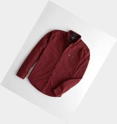 Burgundy Hollister Stretch Oxford Muscle Fit Men's Long Sleeve | ZA-DERY274