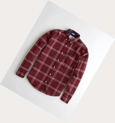 Burgundy Hollister Stretch Plaid Poplin Men's Long Sleeve | ZA-TLZY106