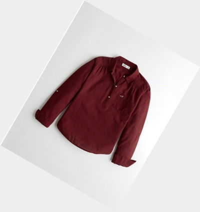 Burgundy Hollister Woven Popover Women's Long Sleeve | ZA-MOBE371