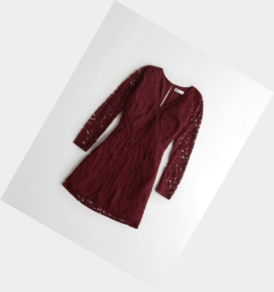 Burgundy Hollister Wrap-Front Lace Women's Dress | ZA-MKQU210