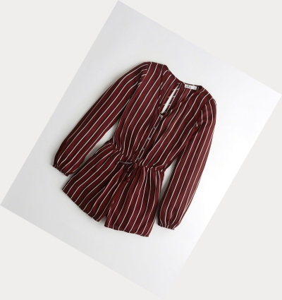 Burgundy Stripes Hollister Button-Front Woven Women's Rompers | ZA-PGOI907