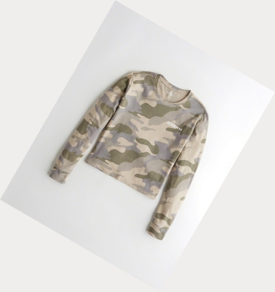 Camo Hollister Logo Crop Women's Long Sleeve | ZA-KJUZ451