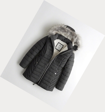 Grey Hollister Sherpa-Lined Puffer Women's Parka Jackets | ZA-GCIE026