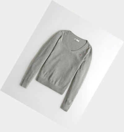 Grey Hollister V-Neck Women's Sweaters | ZA-DCQX921