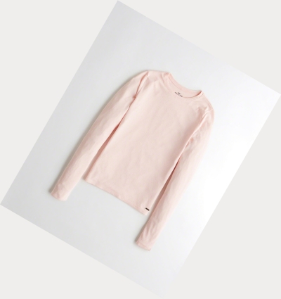 Light Pink Hollister Ribbed Crewneck Women's Long Sleeve | ZA-QNXR245