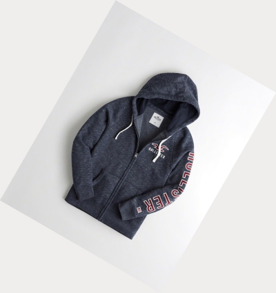 Navy Hollister Applique Logo Full-Zip Men's Hoodie | ZA-DVAK403