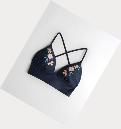 Navy Hollister Embroidered Longline Triangle Women's Bikini Tops | ZA-BYNU453