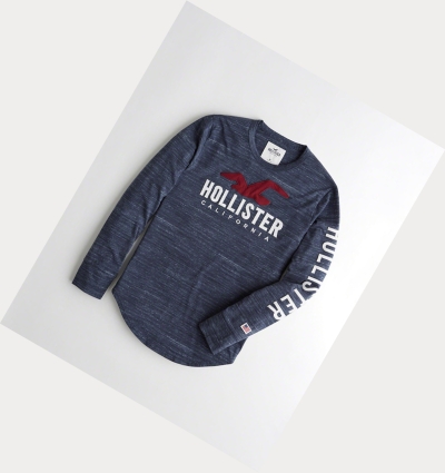 Navy Hollister Logo Men's Long Sleeve | ZA-PGCR546