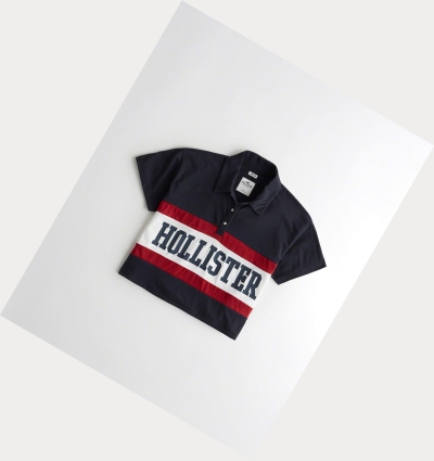 Navy Hollister Logo Stripe Crop Women's Polo Shirts | ZA-PMYS823