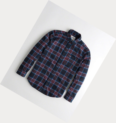 Navy Hollister Plaid Flannel Men's Long Sleeve | ZA-QTXN819