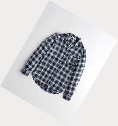 Navy Hollister Plaid Oversized Women's Long Sleeve | ZA-WNZP708