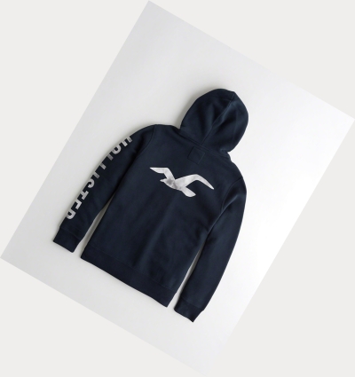 Navy Hollister Print Logo Men's Hoodie | ZA-FNIP475