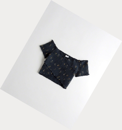 Navy Hollister Smocked Wrap Off-The-Shoulder Crop Women's Short Sleeve | ZA-ILCD567