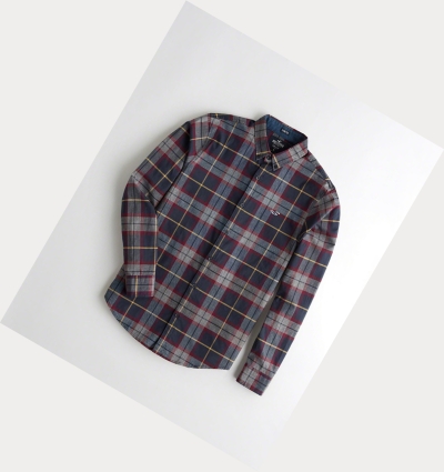 Navy Hollister Stretch Plaid Poplin Men's Long Sleeve | ZA-RDWH051