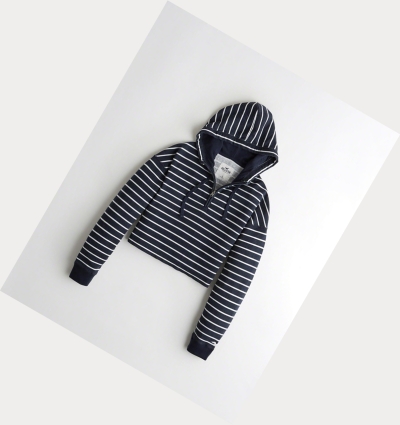 Navy Stripes Hollister Crop Women's Hoodie | ZA-HQDB516