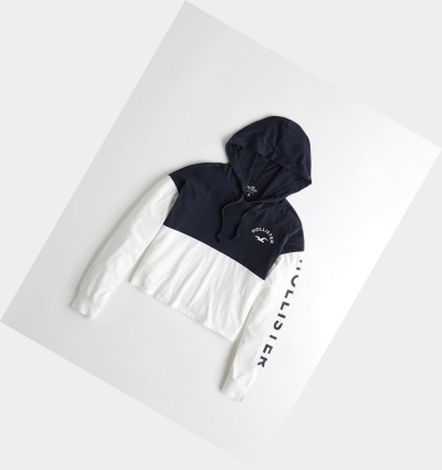 Navy White Hollister Hooded Boyfriend Women's Long Sleeve | ZA-MWQL801