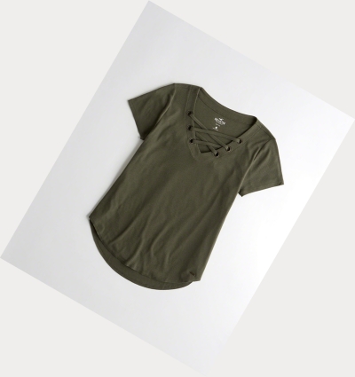 Olive Hollister Lace-Up Easy Women's Short Sleeve | ZA-XTPV964