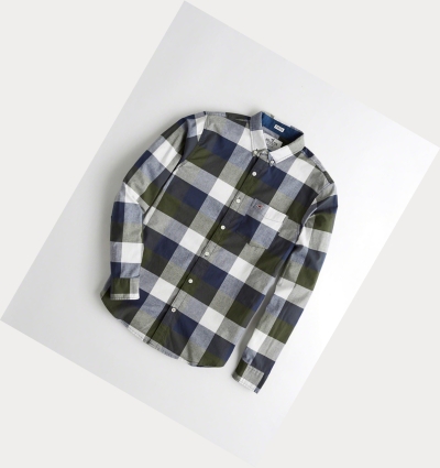 Olive Hollister Stretch Plaid Poplin Men's Long Sleeve | ZA-OJWZ204