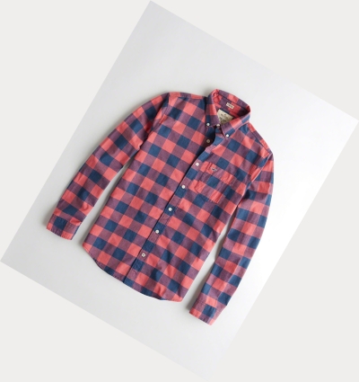 Pink Hollister Stretch Check Poplin Men's Long Sleeve | ZA-EMHS589