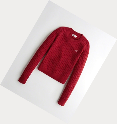 Red Hollister Cable Crewneck Women's Sweaters | ZA-MJCB549