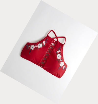 Red Hollister Embroidered Strappy High-Neck Women's Bikini Tops | ZA-HPVS309