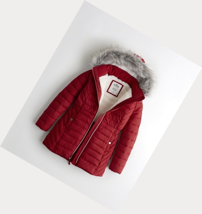 Red Hollister Sherpa-Lined Puffer Women's Parka Jackets | ZA-QFNB390