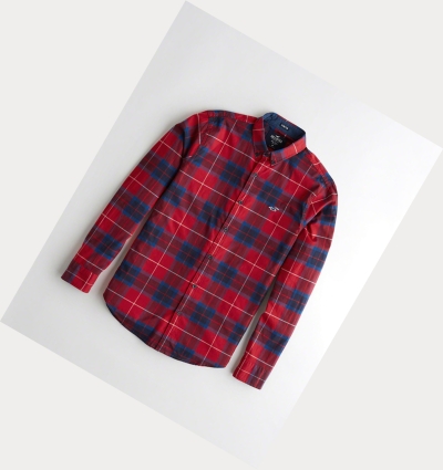 Red Hollister Stretch Plaid Poplin Men's Long Sleeve | ZA-PBFC832