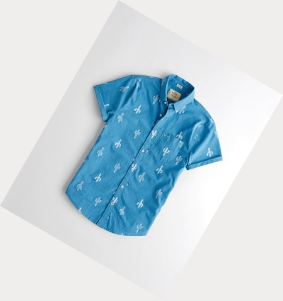 Turquoise Hollister Stretch Cactus Poplin Men's Short Sleeve | ZA-ZHFX146