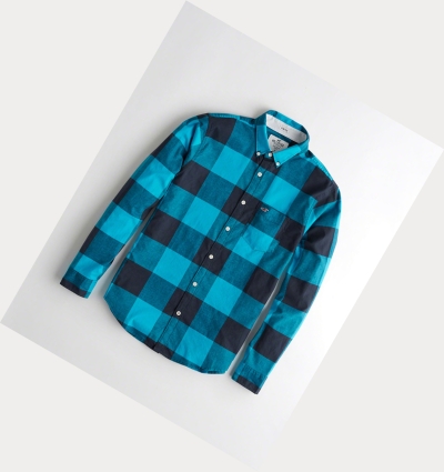 Turquoise Hollister Stretch Plaid Poplin Men's Long Sleeve | ZA-JKSZ815